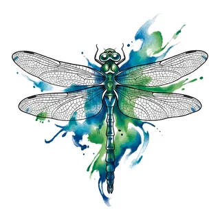 Color watercolor dragonfly tattoo design, drawn flat for a bicep tattoo