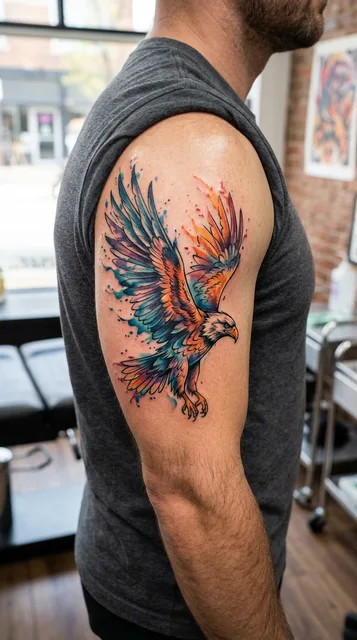 Color watercolor eagle tattoo on a man's bicep