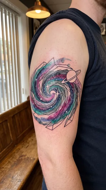 Color watercolor galaxy tattoo on a man's bicep
