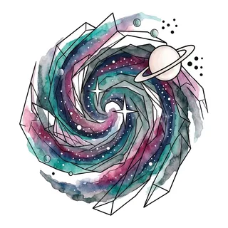 Color watercolor galaxy tattoo design, drawn flat for a bicep tattoo