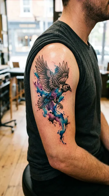 Color watercolor raven tattoo on a man's bicep