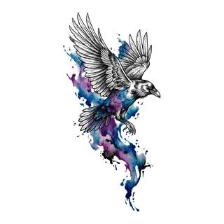 Color watercolor raven tattoo design, drawn flat for a bicep tattoo