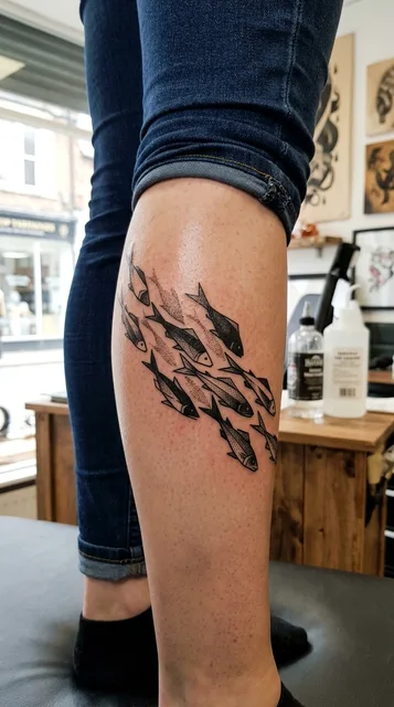 Black and white blackwork fish tattoo on a woman's calf