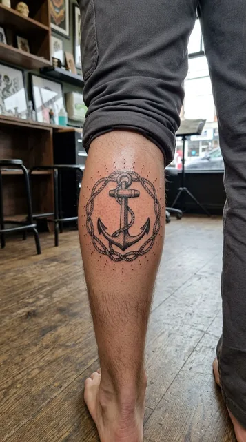 Black and grey dotwork anchor tattoo on a man's calf