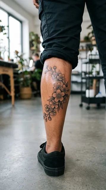 Black and grey dotwork cherry blossom tattoo on a woman's calf