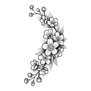 Black and grey dotwork cherry blossom tattoo design, drawn flat for a calf tattoo