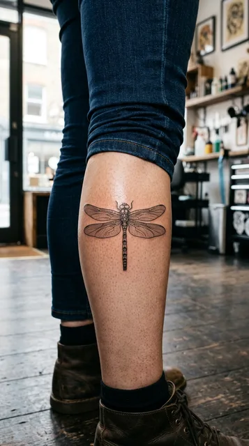Dragonfly tattoo on the calf