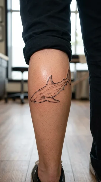 Black and white fine line shark tattoo on a man's calf