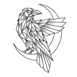 Black and white geometric raven tattoo design, outline stencil for a calf tattoo