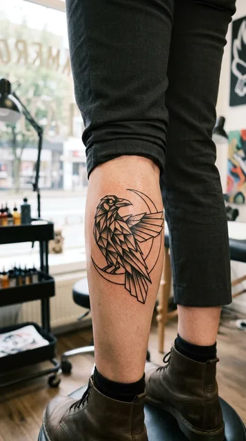 Raven tattoo on the calf