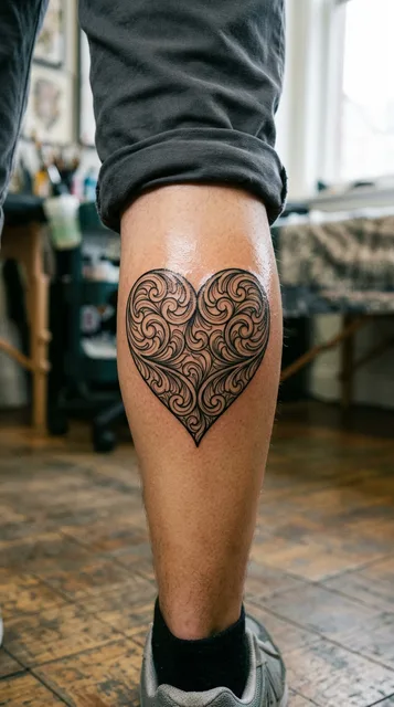 Black and grey illustrative heart tattoo on a man's calf