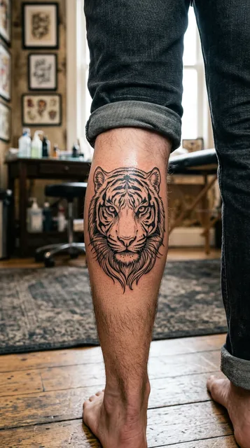 Black and white linework tiger tattoo on a man's calf