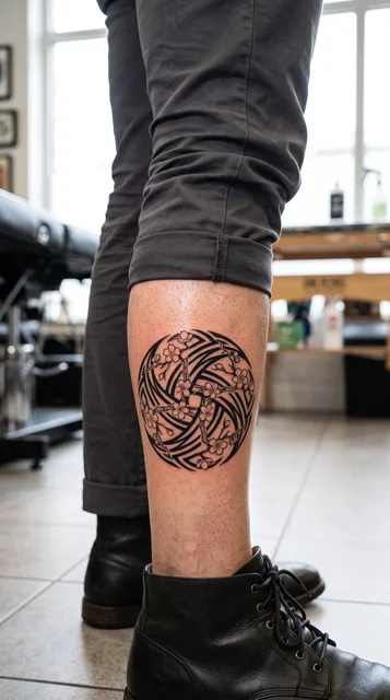 Black and white tribal cherry blossom tattoo on a man's calf