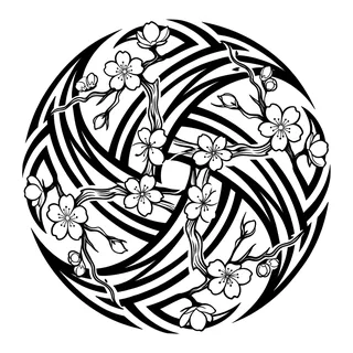 Black and white tribal cherry blossom tattoo design, drawn flat for a calf tattoo