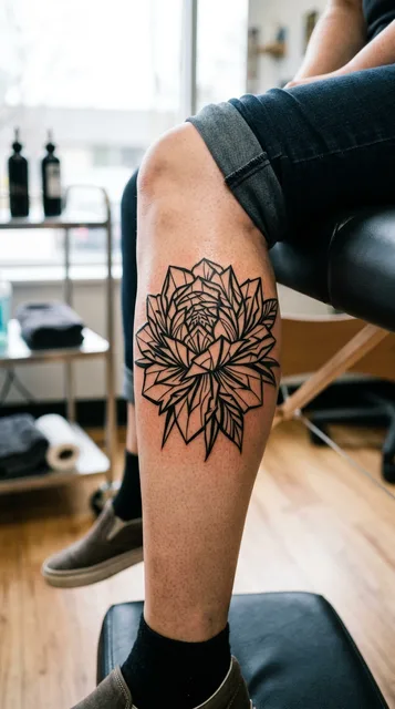 Black and white tribal flower tattoo on a woman's calf