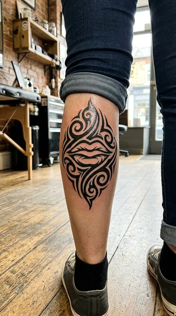 Black and white tribal lips tattoo on a woman's calf