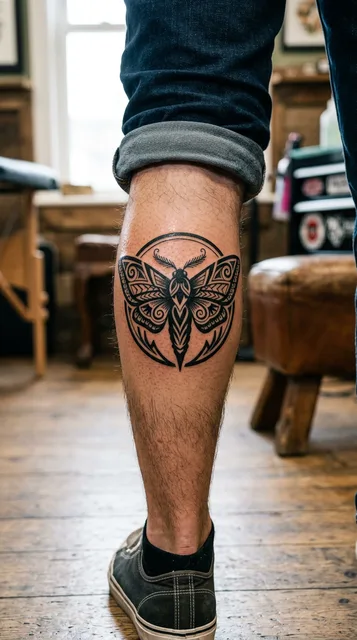 Black and white tribal moth tattoo on a man's calf