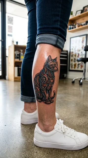 Color biomechanical cat tattoo on a woman's calf