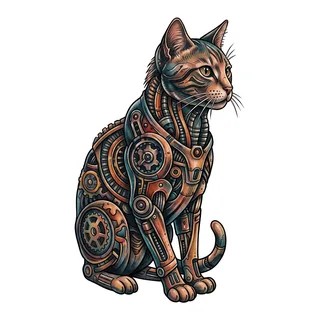 Color biomechanical cat tattoo design, drawn flat for a calf tattoo