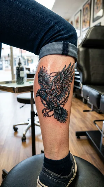 Color biomechanical raven tattoo on a woman's calf