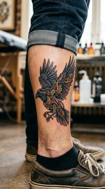 Color biomechanical raven tattoo on a man's calf