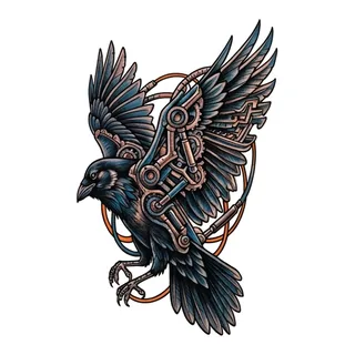 Color biomechanical raven tattoo design, drawn flat for a calf tattoo