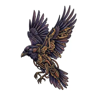Color biomechanical raven tattoo design, drawn flat for a calf tattoo