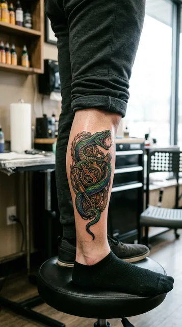 Color biomechanical snake tattoo on a man's calf