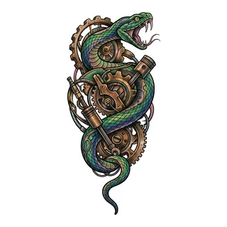 Color biomechanical snake tattoo design, drawn flat for a calf tattoo
