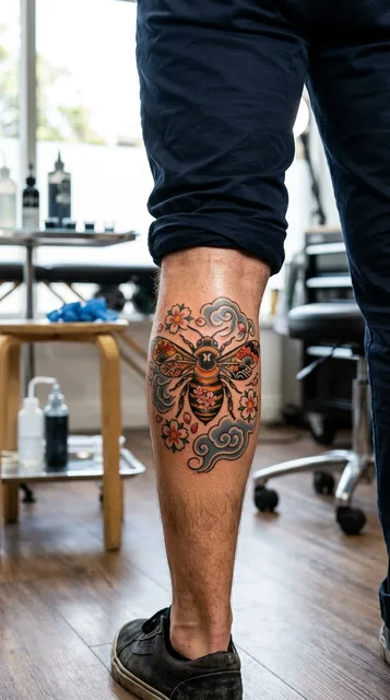 Color Japanese bee tattoo on a man's calf