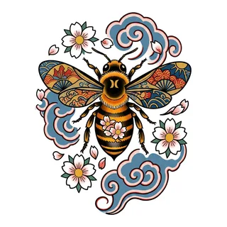 Color Japanese bee tattoo design, drawn flat for a calf tattoo
