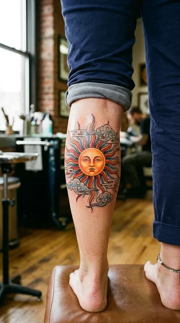 Sun tattoo on the calf