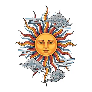 Color Japanese sun tattoo design, drawn flat for a calf tattoo