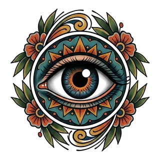 Color neo traditional eye tattoo design, drawn flat for a calf tattoo