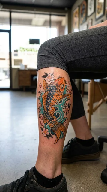 Color neo traditional koi fish tattoo on a woman's calf