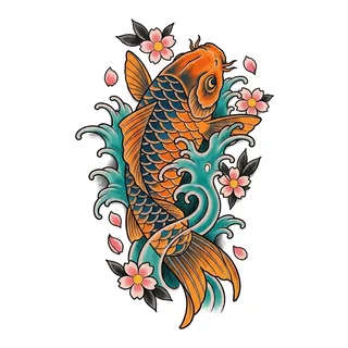 Color neo traditional koi fish tattoo design, drawn flat for a calf tattoo