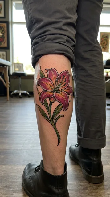 Color neo traditional lily tattoo on a man's calf