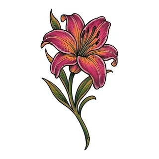 Color neo traditional lily tattoo design, drawn flat for a calf tattoo