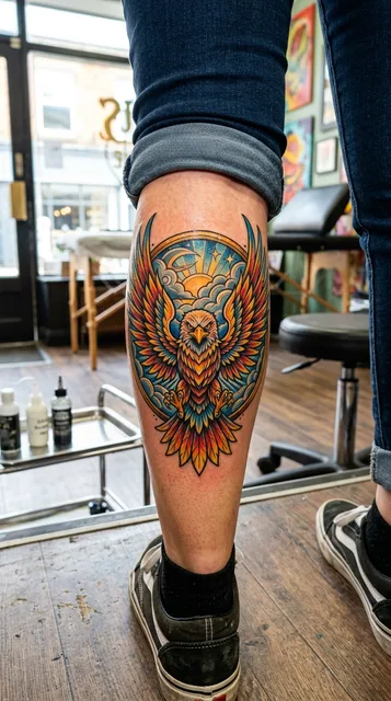 Color new school eagle tattoo on a woman's calf