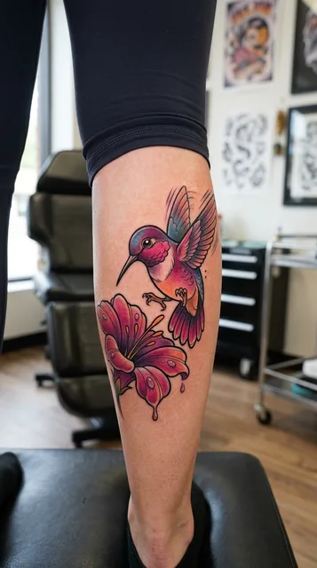 Color new school hummingbird tattoo on a woman's calf