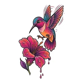 Color new school hummingbird tattoo design, drawn flat for a calf tattoo