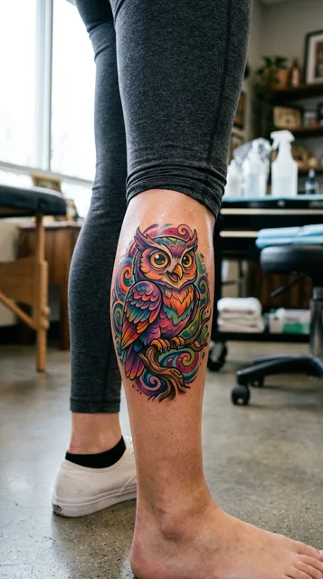 Color new school owl tattoo on a woman's calf