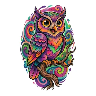 Color new school owl tattoo design, drawn flat for a calf tattoo