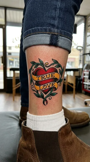 Color traditional heart tattoo on a man's calf