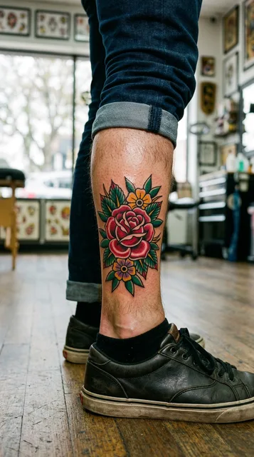 Color traditional rose tattoo on a man's calf