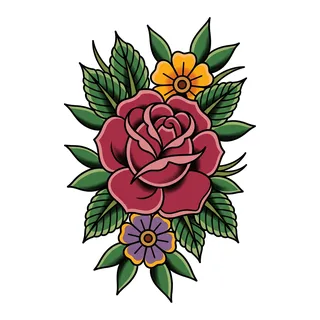 Color traditional rose tattoo design, drawn flat for a calf tattoo
