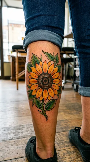 Color traditional sunflower tattoo on a woman's calf