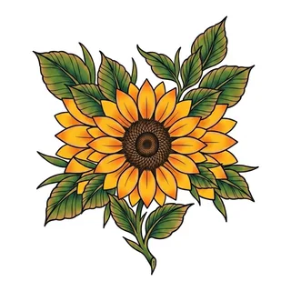 Color traditional sunflower tattoo design, drawn flat for a calf tattoo