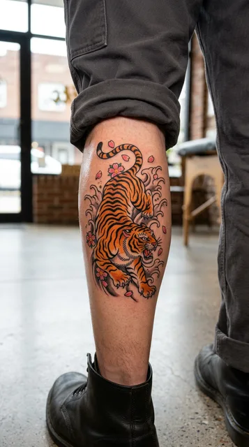Color traditional tiger tattoo on a man's calf