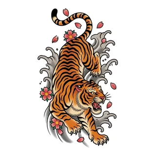 Color traditional tiger tattoo design, drawn flat for a calf tattoo